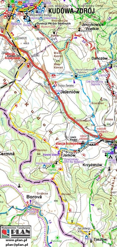 Szlak turystyczny óty: Kudowa-Zdrój (centrum, przystanek autobusowy) - Kudowa-Zdrój stacja kolejowa - Jarków - Taszów PTTK Strzelin